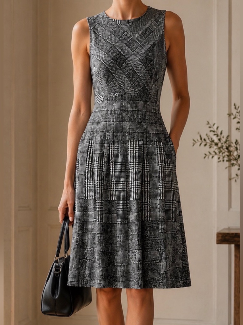 H&M Sleeveless Black and White Plaid Midi Dress